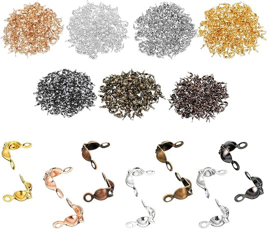700 Pieces Crimp Beads Calotte Ends for Jewelry Making, 7 Colors Clamshell Bead Tips Open End Caps Knot Covers for DIY Bracelet Necklaces Earrings Keychains