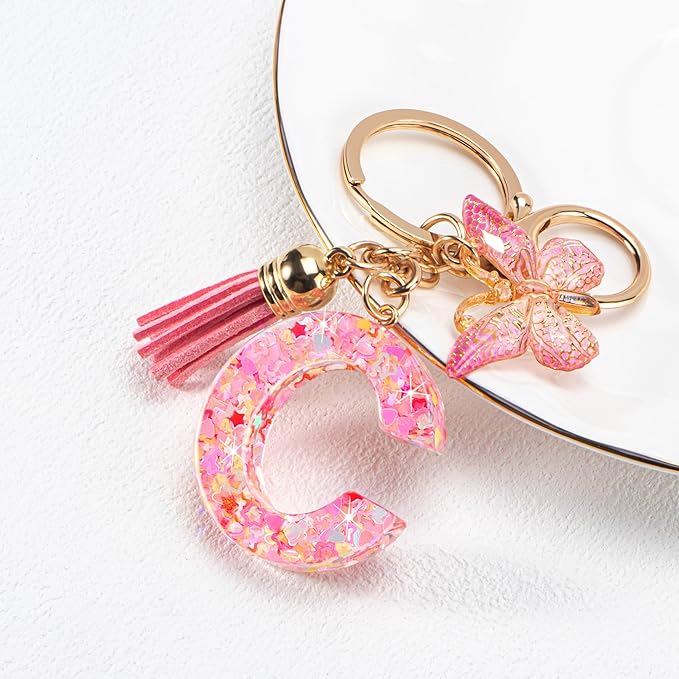 Initial letter Keychains for Women Girls Tassel Butterfly Cute Keychain for Wallet Backpack charm