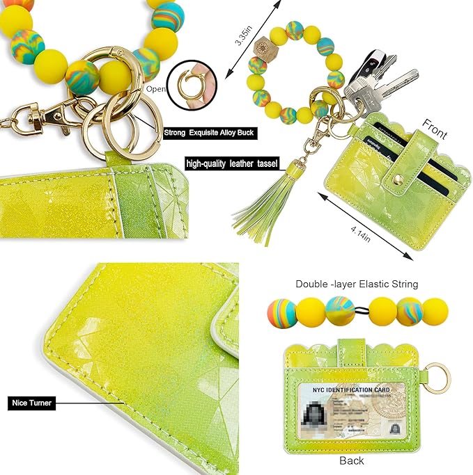Keychain Wallet Wristlet Small Credit Card Holder Bracelet Key Chain Purse Bangle Tassel Beads Key Rings for Women