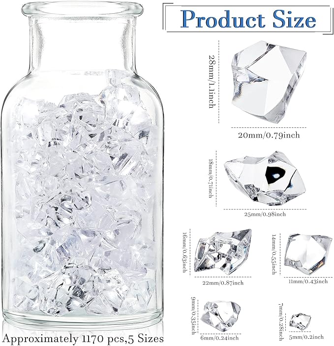 Syhood 570 Pcs 5 Sizes Clear Fake Crushed Ice Rocks Plastic Gemstones Transparent Acrylic Crystal Gems Diamond Cubes for DIY Craft Vase Fillers Fish Tank Centerpieces Wedding Winter Holiday Decoration