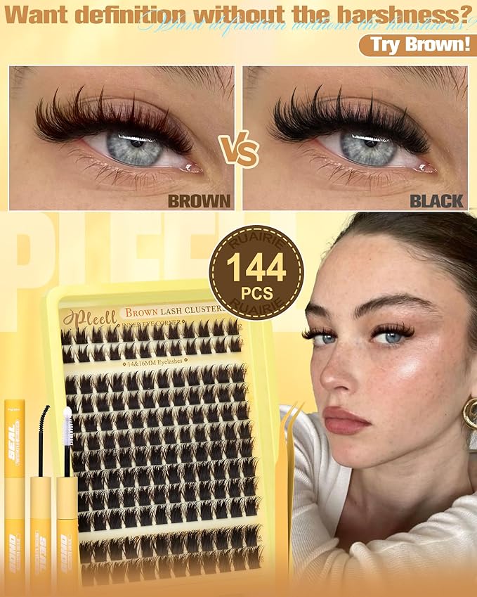 Lash Clusters Kit Brown Cluster Eyelash Extensions Kit More 14/16mm Volume Lashes with Spikes Anime Thick Eyelash Clusters Kit with Lash Bond and Seal, Tweezers by Pleell (D Curly, 144PCS)
