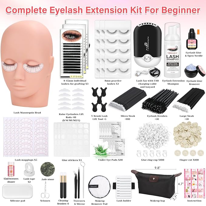 Lash Kit for Eyelash Extension Beginners Eyelash Extension Kit with Lash Mannequin Head, Eyelash Extension Practice Starter Kit with Everything USB Fan Lash Glue False Eyelash Lash Shampoo