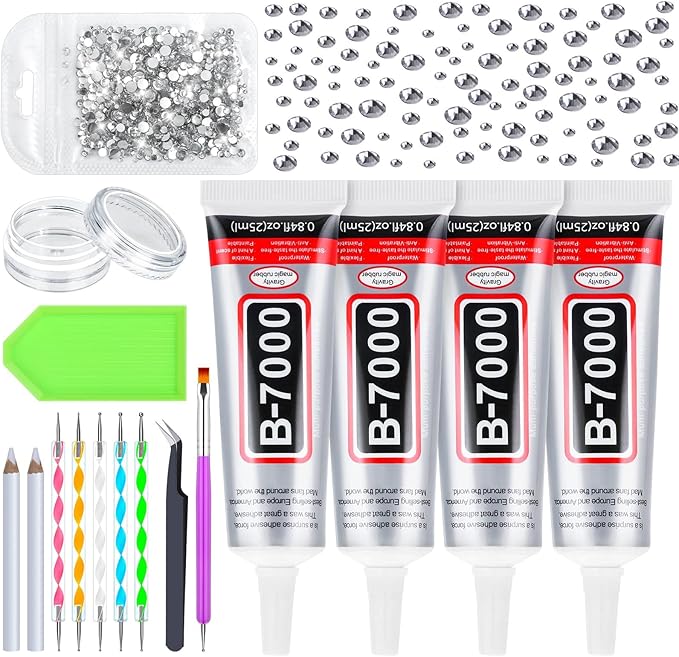 B7000 Glue Clear with Precision Tip, 4 Pcs 25mL Jewelry Bead Gem Tac Glue, Bedazzling Adhesive with Clear Rhinestones, Dotting Pen Tool for Jewelry Making Clothe Fabric Shoes DIY Crafts Nail Art