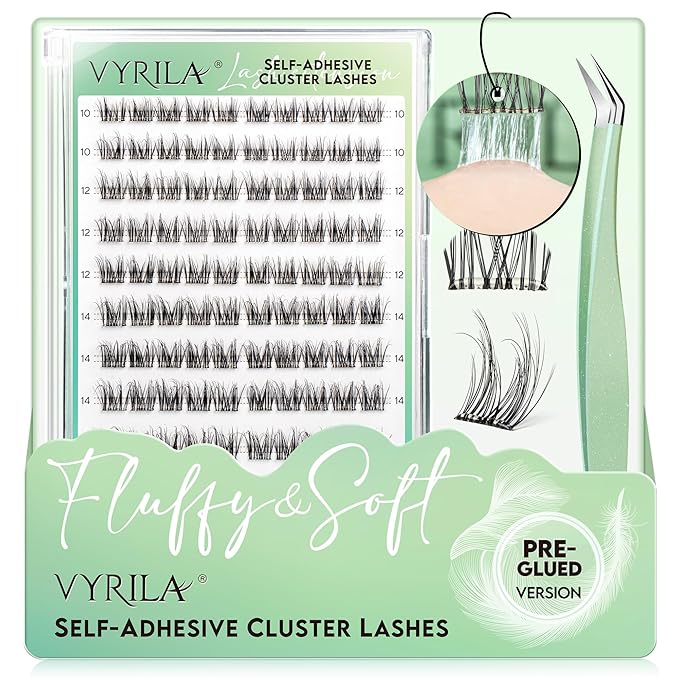 VYRILA Self-Adhesive Lash Cluster Kit, Pre-Glued Clusters with Tweezers, Pop-On Faux Eyelashes, 3D Thin Band D Curl Natural Look Lahses, Easy to Apply, Reusable Eyelash Extensions (Charm-10-16-Kit)