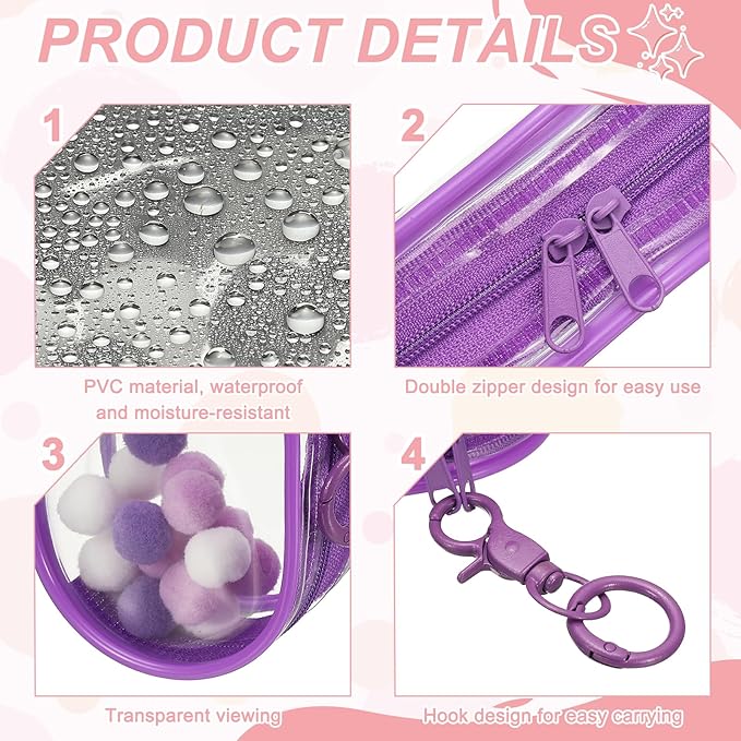 uxcell 4 Inch Clear Figure Display Bag, Mini Clear Pouch Waterproof Coin Pouch with Keychain and Pom Poms for Blind Box Doll Display (Round, Purple)