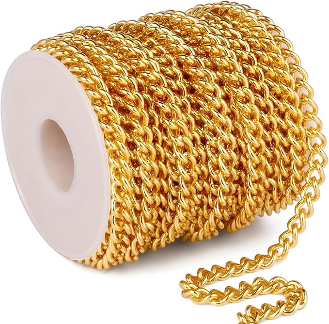 33FT 18K Gold Plated Stainless Steel Curb Chain Roll, 6mm 304 Stainless Steel Flat Twisted Links Curb Chains Bulk for Jewelry Making Necklace DIY Craft