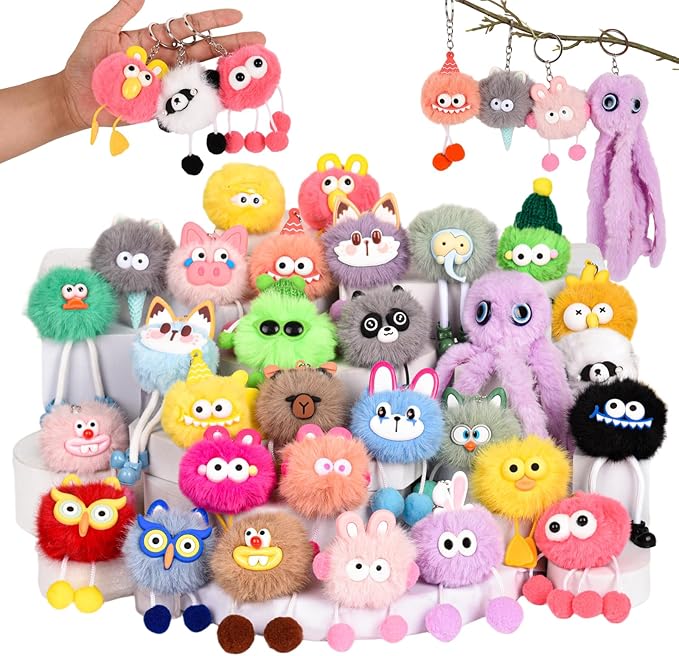 LiYiQ 30 Pcs Cute Plush Keychains Kawaii Keychain Bulk for Birthday Goodie Bags Pinata Toys Classroom Prizes Party Favors