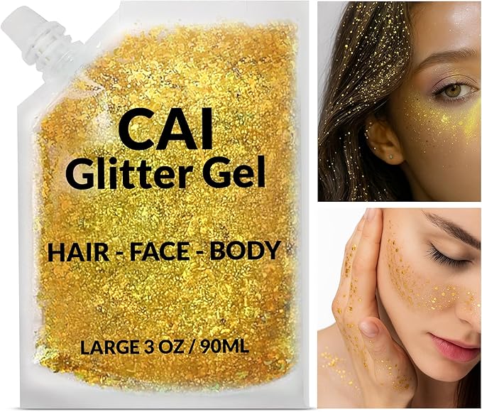 Face, Body & Hair Glitter Gel – Halloween Glitter for Kids and Women – 3 Oz Cosmetic-Grade Gel w/Moon & Stars for Festivals & Halloween Party, Easy Apply & Wash Off - Silver/Gold 2Pack