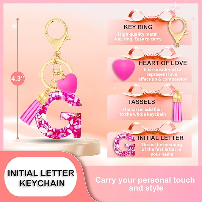 Initial Keychains for Women with Cute Heart Resin - Alphabet Letter Keychain for Bag, Backpacks, Purse or Car key