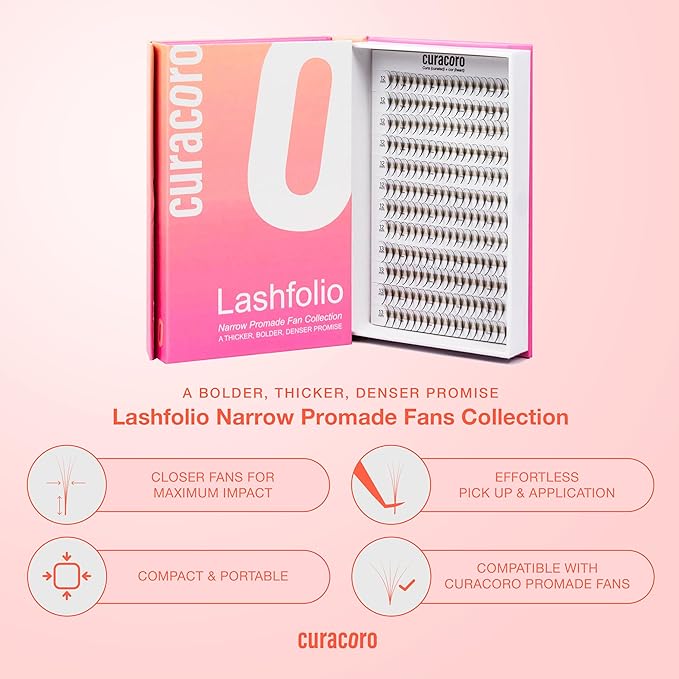 Curacoro LashFolio Narrow Wispy Fans, Handmade Volume Eyelashes, 5D To 10D, C CC D Curl, 0.03~0.07 mm, 8-13mm Mix Length, Professional Long-Lasting Promade Lash Fans (7D-0.05 CC 8mm-13mm)