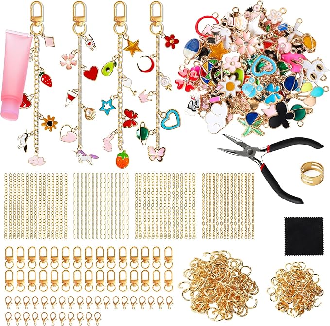 SUTROMA 423Pcs Lip Gloss Keychain Making Kit with Charms | Including 100 Charms 60 Keychain Clips 30 Extender Chains 1 Jewelry Pliers | DIY Keychains Supplies for bag charms and Jewelry Making (Kind2)