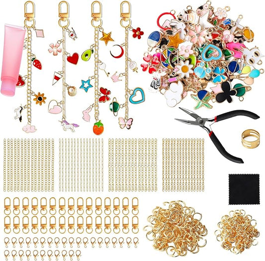 SUTROMA 423Pcs Lip Gloss Keychain Making Kit with Charms | Including 100 Charms 60 Keychain Clips 30 Extender Chains 1 Jewelry Pliers | DIY Keychains Supplies for bag charms and Jewelry Making (Kind2)