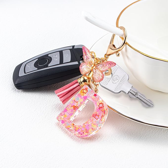 Initial letter Keychains for Women Girls Tassel Butterfly Cute Keychain for Wallet Backpack charm