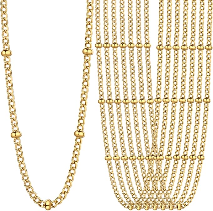 24PCS Gold Curb Satellite Necklace for Jewelry Making 1.5MM 18k Gold Plated Stainless Steel Curb Link Chains Bulk for DIY Necklace