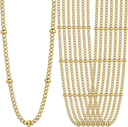 24PCS Gold Curb Satellite Necklace for Jewelry Making 1.5MM 18k Gold Plated Stainless Steel Curb Link Chains Bulk for DIY Necklace