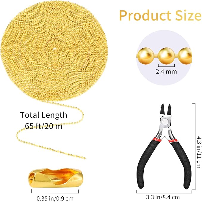 Mudder 65 ft Ball Necklace Chains, 2. 4mm Bead Link Dog Tag Chain Roll with 40 Ball Connectors and Plier for Necklace Hanging Ornament Key Chain Dog Pet Tags(Gold)