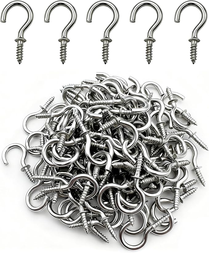 100 Pcs (304) Stainless Steel Screw Hooks 5/8 Inch Small Hook Screw-in Light Hooks Outdoor and Indoor Hanging