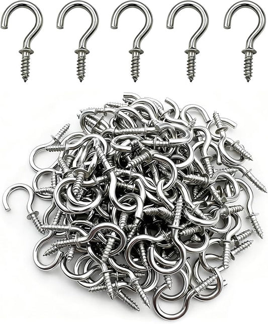 100 Pcs (304) Stainless Steel Screw Hooks 5/8 Inch Small Hook Screw-in Light Hooks Outdoor and Indoor Hanging