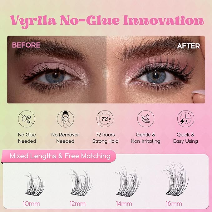 VYRILA Self Adhesive Lash Clusters Kit, D Curl Wispy Pre Glued Lash Extensions with Tweezers, Reusable 0.1mm Ultra Thin Band Natural Eyelashes, Easy Apply Eyelash Clusters for Beginners(PG-ZE13)