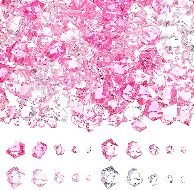 Syhood 570 Pcs 5 Sizes Pink and Clear Fake Crushed Ice Rocks Plastic Gemstones Acrylic Crystal Gems Diamonds for DIY Craft Valentine Day Vase Fillers Fish Tank Makeup Brush Centerpieces Wedding Decor