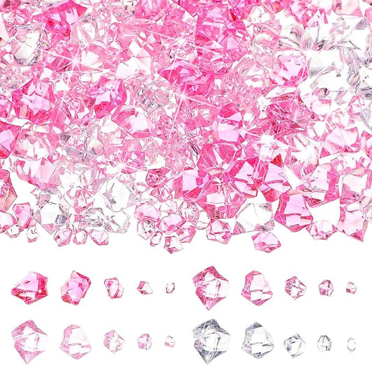 Syhood 570 Pcs 5 Sizes Pink and Clear Fake Crushed Ice Rocks Plastic Gemstones Acrylic Crystal Gems Diamonds for DIY Craft Valentine Day Vase Fillers Fish Tank Makeup Brush Centerpieces Wedding Decor