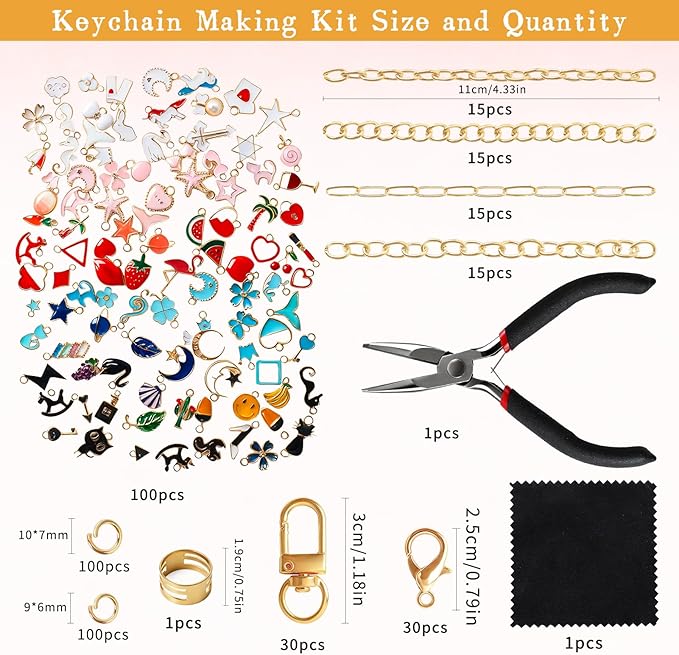 SUTROMA 423Pcs Lip Gloss Charms Keychain Kit | Including 100 Charms 60 Keychain Clip 30 Extender Chains 1 Jewelry Plier | Bag Charm Kit | Jewelry Making Supplies for DIY Key Chain Making (Kind1)