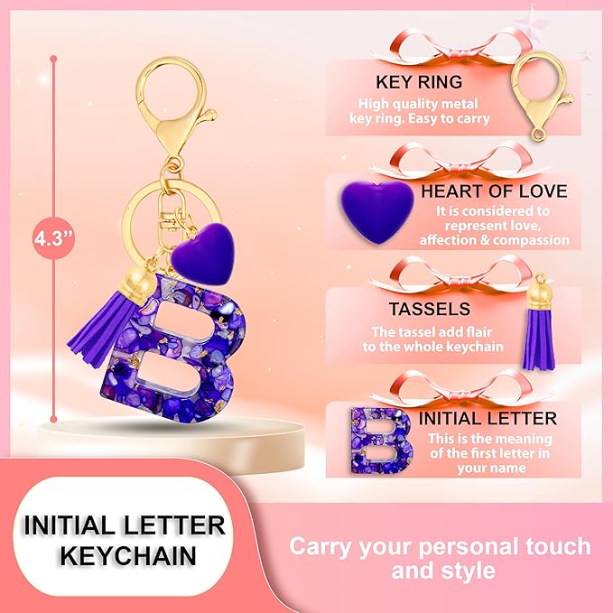 Initial Keychains for Women with Cute Heart Resin - Alphabet Letter Keychain for Bag, Backpacks, Purse or Car key