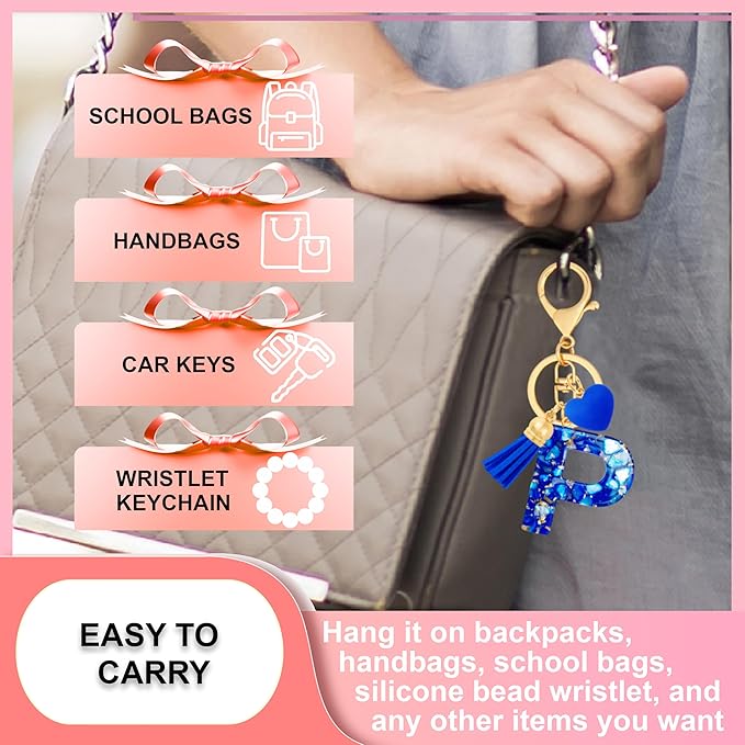 Initial Keychains for Women with Cute Heart Resin - Alphabet Letter Keychain for Bag, Backpacks, Purse or Car key
