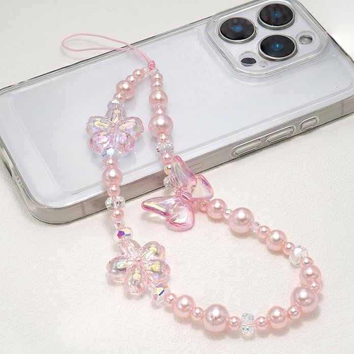 Pink Flower Phone Charm Wrist Strap, Cherry Blossom and Butterfly Beaded Lanyard Wristlet Chain, Anti-Theft & Hands-Free Bracelet Strap for iPhone & More Cell Phone Cases
