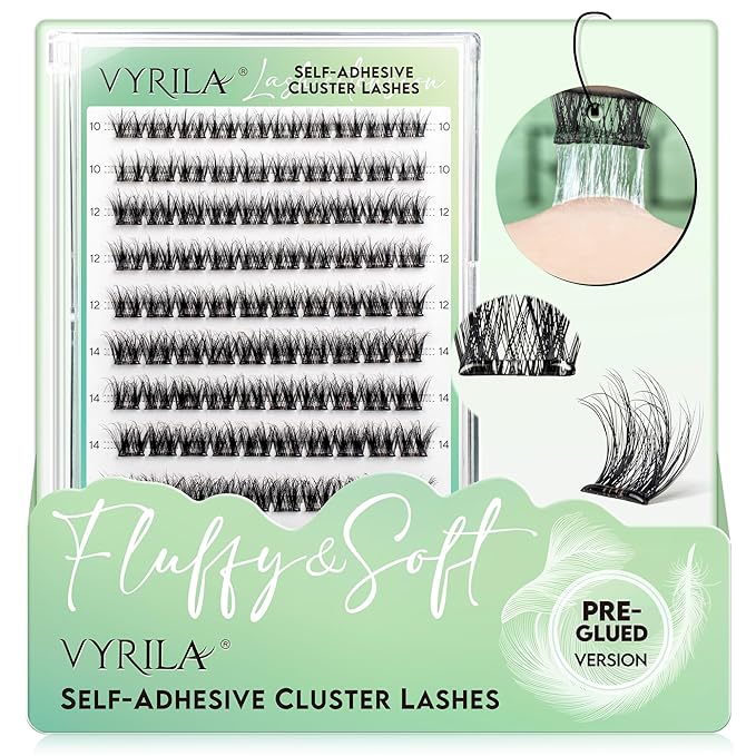 VYRILA Self-Adhesive Lash Cluster, 100pcs Pre-Glued Clusters, Pop-On Faux Eyelashes, 3D Band D Curl Natural Look Lahses, Easy to Apply, Reusable 0.05mm Eyelash Extensions (Green Joy-D-0.05-10-16mix)