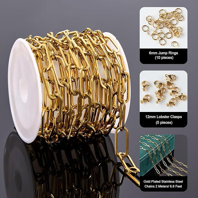 UMAOKANG 6.6 Feet Paperclip Chain for Jewelry Making Gold Plated Stainless Steel Bulk Chain on Spool