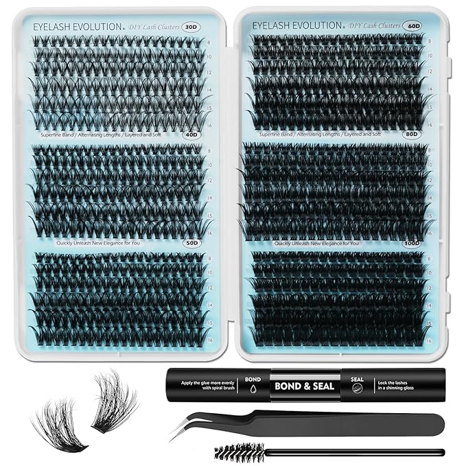 EASITENSION DIY 30-100P Lash Extension Kit Bond and Seal Tweezers Individual Volume Lash Clusters C Curl clut Individual Lashes Lash Clusters Kit Thick Eyelash Extension Kit 708pcs Thin Band