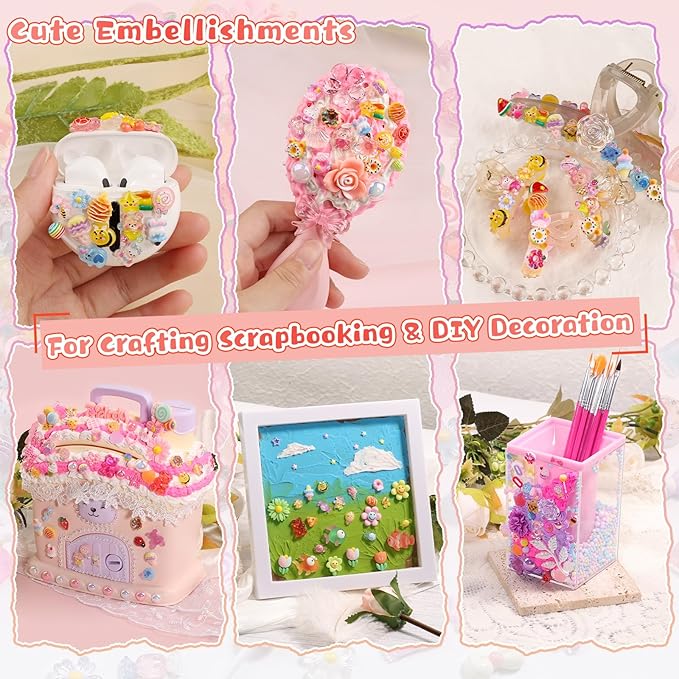 300PCS Kawaii Nail Charms Kit, 3D Animal & Candy Resin Charms for Acrylic Nails, Cute Bear Bee Fruit Nail Art Supplies with Tweezers for DIY Crafts & Shoe Decor