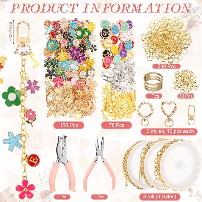 VioraWhite Lip Gloss Charm Kit Lip Gloss Keychain Making Kit Including Assorted Charms Keychain Clips Extender Chain(794 Pcs,Flower Style)