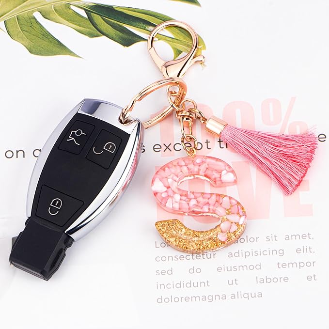 Suweibuke Cute Pink Key Chains for Women Girls, Initial Letter Keychains with Tassel, Charms for Key Purse Handbags Backpacks