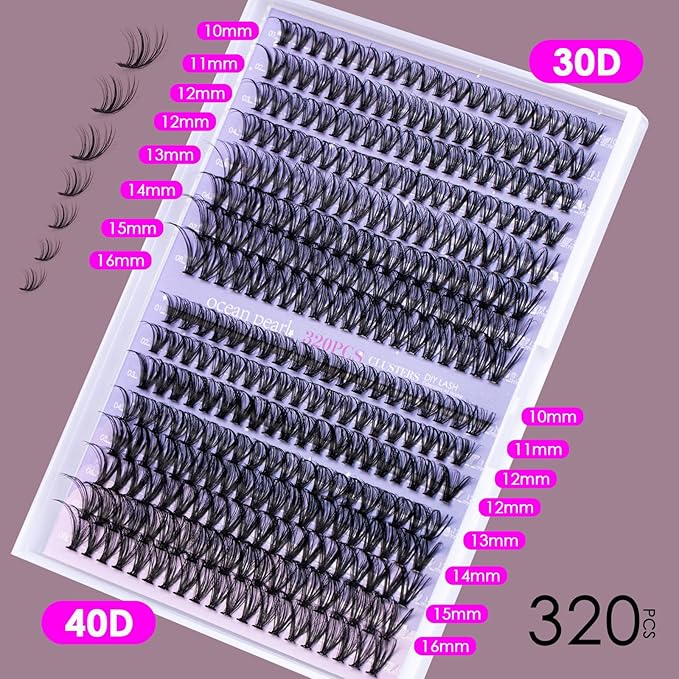 DIY Lash Extension Kit 320 Pcs Lash Clusters Kit Individual Lashes Natural 10-16mm C/D Curl with Bond Seal Tweezers Lash Glue Remover False Eyelashes for Beginner Eyelash Extensions at Home (30D+40D)