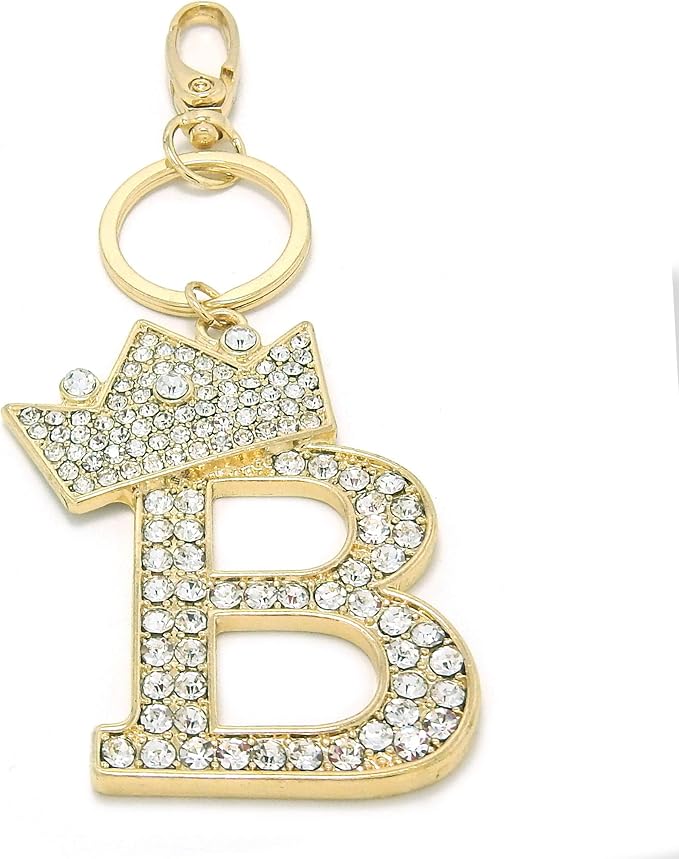 CBC Crown Crystal Rhinestone Letter Initial Keychain, Gold Metal, Bag Charm with Key Ring Approx. 2.17" x 2.56"