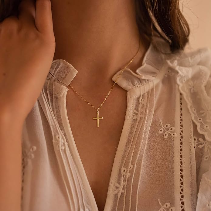 Tewiky Christian Gift Stocking Stuffers Cross Necklace for women-Dainty 14k Gold Plated/Silver Plated Pendant Necklaces Simple Cute Tiny Necklace Jewelry for Women