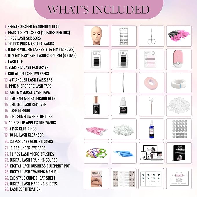 Hoka Lash Eyelash Extension Kit & Training Course and Certification, Professional Lash Extension Kit for Beginners Includes Practice Mannequin Head, Lash Trays, Glue, Tweezers, Fan & More