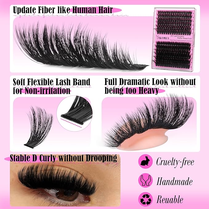 Yawamica Volume Lash Clusters Fluffy Wispy Eyelash Clusters 160D+300D Cluster Eyelash Extensions 12-24mm Long Thick Individual Lashes Dramatic Full Cluster Lashes DIY Salon Extension by Self