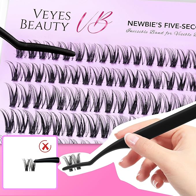 VEYESBEAUTY Ribbon Cluster Lashes Kit Individual Lash Extensions Newbie's Five-Second DIY Dramatic Volume Eyelash Wispy Faux Mink Lash Mixed Length Tray with Bond & Seal, Applicator at Home