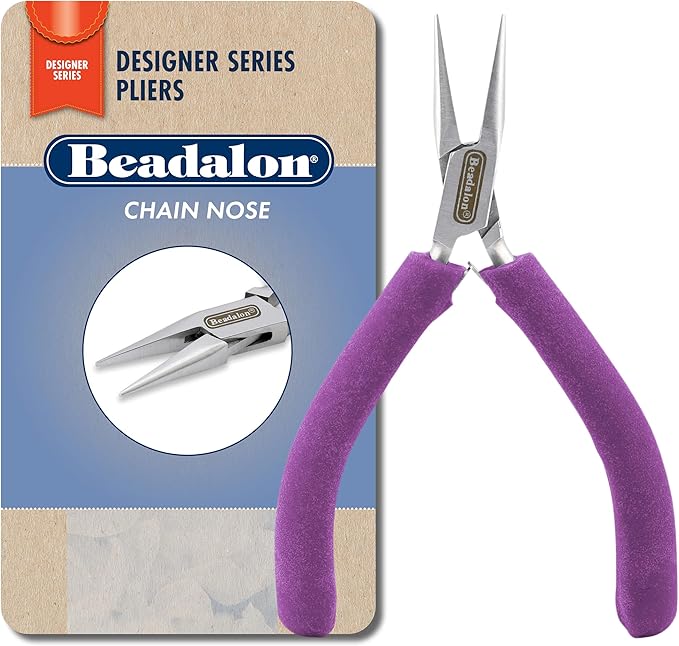 Beadalon Designer Series Chain Nose Pliers, Purple Vinyl-Free Grips, Stainless Steel, Box Joint, Double Leaf Springs, 4.75 in
