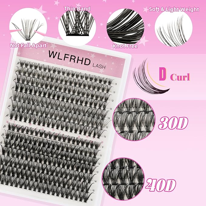 Lash Clusters Kit 280 Pcs DIY Individual Cluster Lashes D Curl Lash Extension Kit with Eyelash Bond and Seal, Remover, Tweezers Applicator Tool for False Eyelash Cluster Kit(30D 40D, Mix9-16mm Kit)