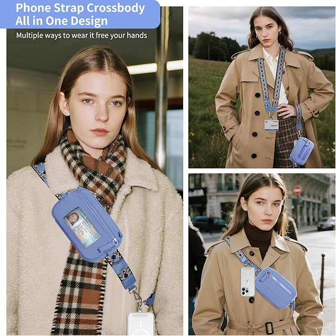 Clip and Go Strap for Phone with Wallet Crossbody Phone Lanyard with Anti-Theft Zipper Pouch Detachable Quilted Wrist Wallet with RFID and ID Window for Daily Travel. Blue