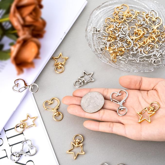 OIIKI 20pcs Star Heart Swivel Keychain Clasp, Zinc Alloy Spring Snap Hook Jewelry Clasps, Heavy Duty Lobster Keyring Clip Bag Accessories for Keychains DIY Crafts- Gold & Silver