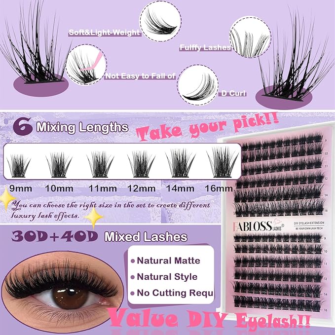 Lash Clusters Kit Fluffy 144Pcs Lash Clusters DIY Eyelash Extension Kit 80D Individual Lashes Clusters Kit With Lash Bond And Seal, Lash Remover, Lash Tweezers(80D, 9-16mm, Kit)