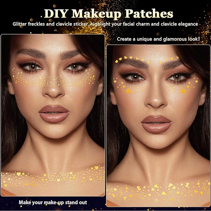 HyperFun 9 Pcs Face Glitter Freckles, Face Clavicle Glitter Fake Freckles Sticker, Waterproof Sparkle Freckles Makeup Patches for Women Rave Festival Accessories Concerts Party Prom