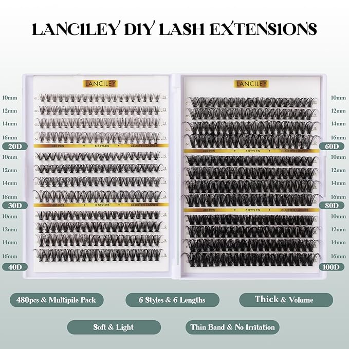 480PCS Lash Clusters 10-20MM 20D+30D+40D+60D+80D+100D Thick Volume Eyelash Extensions Natural Eyelash Clusters Individual Lashes Long Lasting D Curly Lash Extension Thin Band Soft False Lashes-6