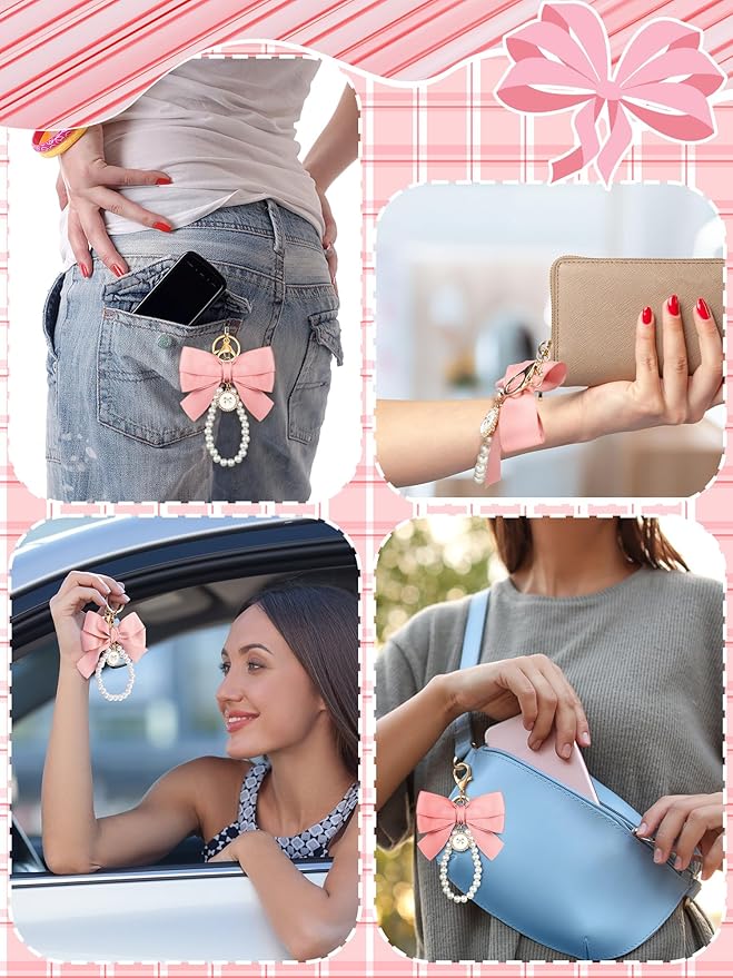 Sureio Pink Bow Keychain Coquette Pearl Bowknot Keyring Bulk Wristlet Keychain Vintage Ribbon Purse Charm for Women Handbags