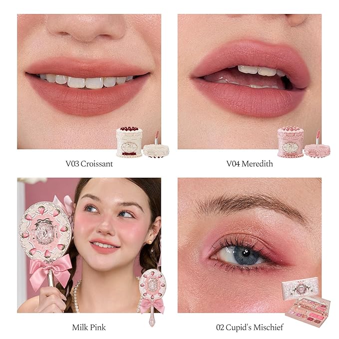 Flower Knows Strawberry Cupid 12-Piece Makeup Gift Box Set,Lip Cream×2+Liquid Blush×2+Makeup Palette×1+Hand Mirror×1+Solid Perfume×1+Hair Clip×1+Cushion Powder Puff×2+Eyeshadow Brush×1+Gift Box×1